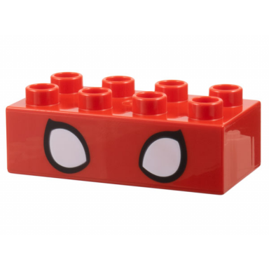 red duplo brick 2 x 4 with white spider-man eyes pattern