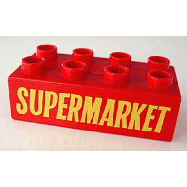 red duplo brick 2 x 4 with supermarket text pattern