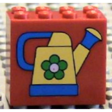 red brick 2 x 4 x 3 with yellow watering can with blue handle and green flower pattern