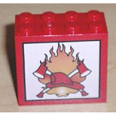 red brick 2 x 4 x 3 with fire crossed axes and helmet on white background pattern