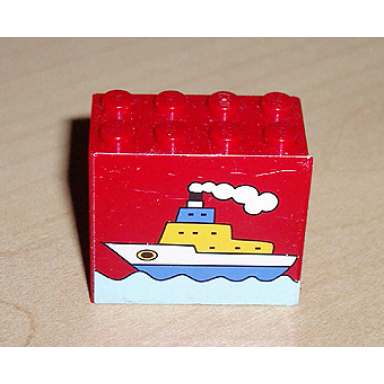 red brick 2 x 4 x 3 with boat on water pattern sticker - set 4178
