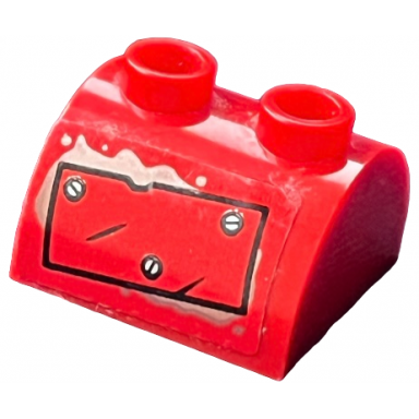 red slope curved 2 x 2 double with 2 hollow studs with metal plate with black outline 3 screws and oil splotches pattern sticker - set 76054