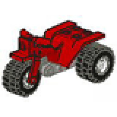 red tricycle with dark gray chassis and white wheels - round holes on rear wheels