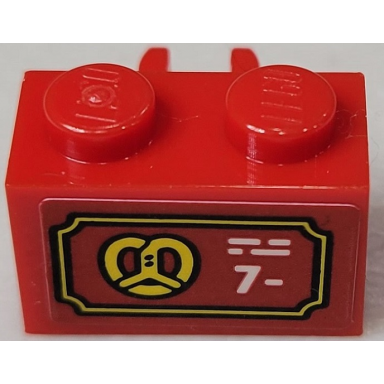 brick modified 1 x 2 with open o clip vertical with yellow pretzel and white 7- pattern sticker - set 10303