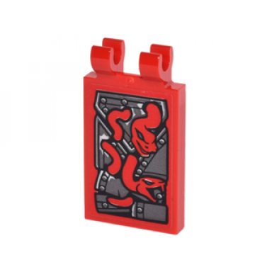 red tile modified 2 x 3 with 2 clips with pearl dark gray armor with rivets and 2 red snakes pattern sticker - set 70626