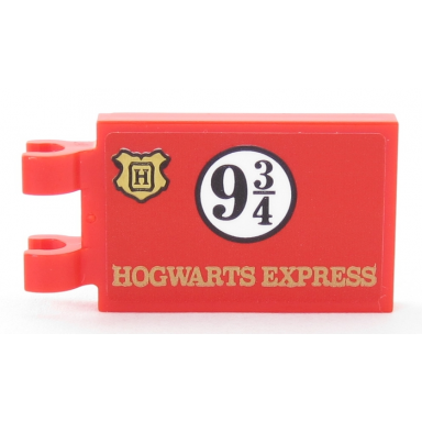 red tile modified 2 x 3 with 2 clips with gold hogwarts logo and hogwarts express black 9 3 4 in white circle pattern sticker - set 75955