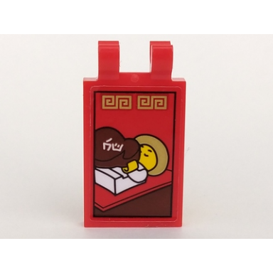 red tile modified 2 x 3 with 2 clips with male minifigure pattern sticker - set 70617