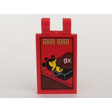 red tile modified 2 x 3 with 2 clips with female minifigure pattern sticker - set 70617