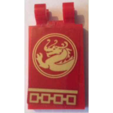 red tile modified 2 x 3 with 2 clips with gold dragon in circle facing left pattern sticker - set 70617