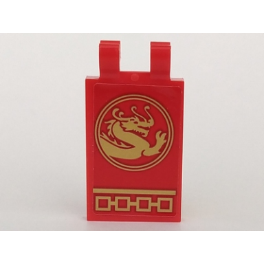red tile modified 2 x 3 with 2 clips with gold dragon in circle facing right pattern sticker - set 70617