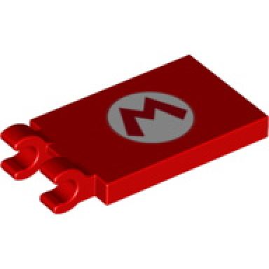 red tile modified 2 x 3 with 2 clips with letter m in white oval pattern