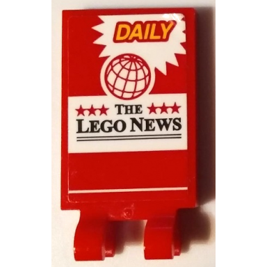 red tile modified 2 x 3 with 2 open o clips with daily globe stars and the lego news pattern sticker - set 60132