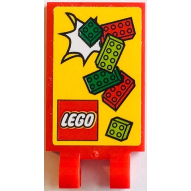 red tile modified 2 x 3 with 2 open o clips with lego logo and red green and lime bricks on yellow background pattern sticker - set 60132