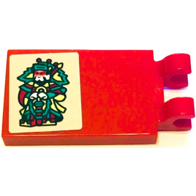 red tile modified 2 x 3 with 2 open o clips with minifigure with yellow dark turquoise and dark red chinese robe pattern model left side sticker - set 80106