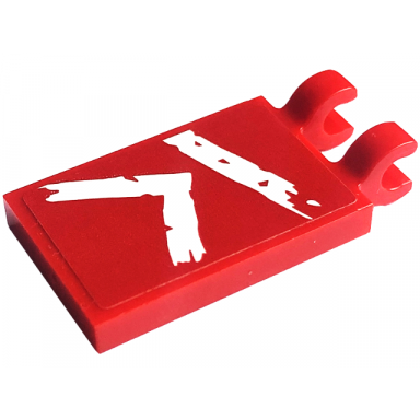 red tile modified 2 x 3 with 2 open o clips with white ninjago logogram letter r pattern sticker - set 71775