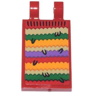 red tile modified 2 x 3 with 2 open o clips with tan green bright light orange and medium lavender knitted stripes pattern sticker - set 76437