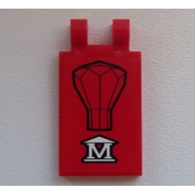 red tile modified 2 x 3 with 2 clips with m and jewel 24 facet pattern sticker - set 60008