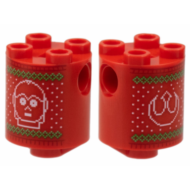 red brick round 2 x 2 x 2 robot body with knit holiday sweater with green diamonds white dots c-3po head and sw rebel alliance symbol pattern