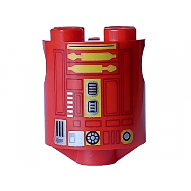 red brick round 2 x 2 x 2 robot body with dark bluish gray lines rectangles and black silver and yellow droid details pattern l3-go