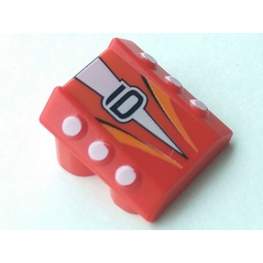 red brick modified 2 x 2 no studs sloped with 6 side pistons raised with black stylized number 6 on white triangle orange curved stripes pattern