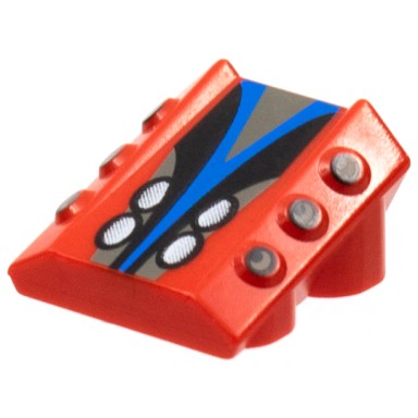 red brick modified 2 x 2 no studs sloped with 6 side pistons raised with dark gray blue and black panel with white ovals pattern