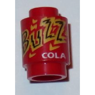 red brick round 1 x 1 with black yellow and white buzz cola pattern