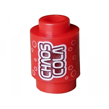 red brick round 1 x 1 with stylized white chaos cola on dark red background and bright pink circles pattern