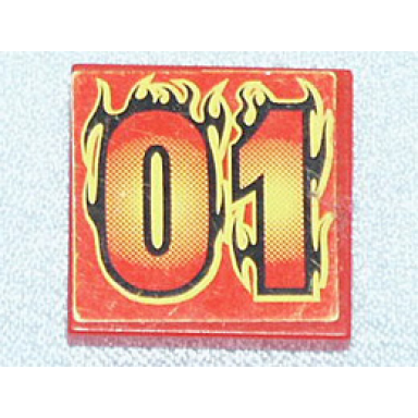 red tile 2 x 2 with 01 in black and yellow flames pattern sticker - set 8667