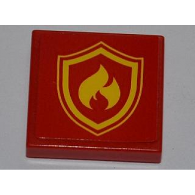 red tile 2 x 2 with yellow and red fire logo badge pattern sticker - set 4209
