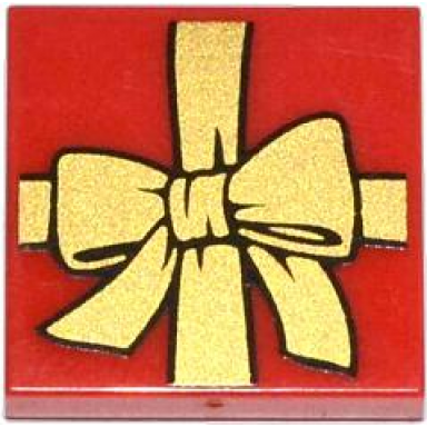 red tile 2 x 2 with present gift with gold ribbon with bow pattern
