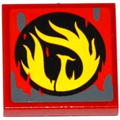 red tile 2 x 2 with yellow phoenix flames in black circle and dark bluish gray splatters pattern sticker - set 70750