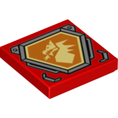 red tile 2 x 2 with bright light yellow dragon head on orange hexagonal shield with silver border pattern