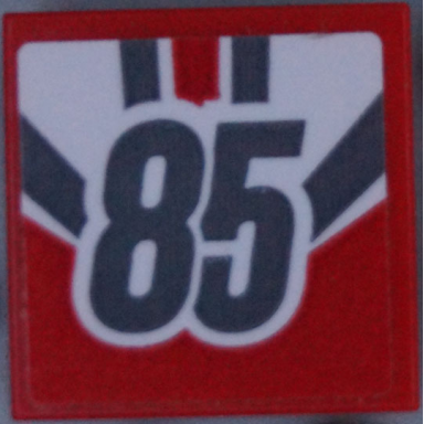 red tile 2 x 2 with dark bluish gray number 85 and stripes pattern sticker - set 60145