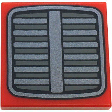 red tile 2 x 2 with dark silver and dark bluish gray tractor grille pattern
