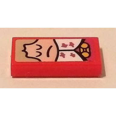 red tile 1 x 2 with sad face and tan hair pattern sticker - set 41334