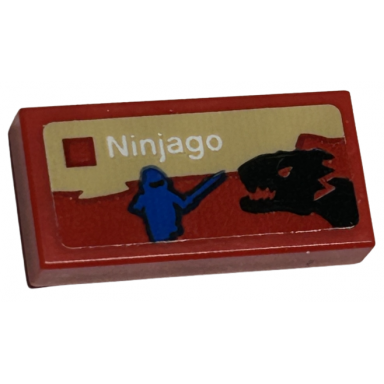red tile 1 x 2 with lego ninjago set box art blue ninja minifigure silhouette and black dragon head pattern sticker - sets 40528 40574
