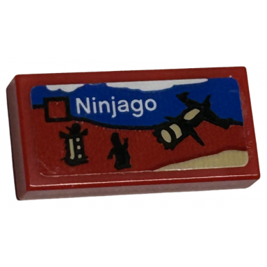 red tile 1 x 2 with lego ninjago set box art black ninja minifigure silhouette and boulder blaster pattern sticker - sets 40528 40574