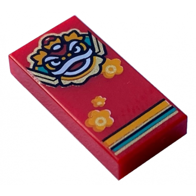 red tile 1 x 2 with bright light orange white dark turquoise and gold lion nian head flowers and stripes pattern