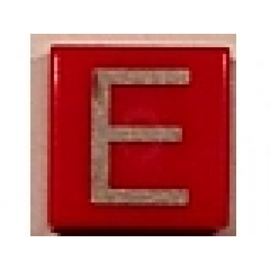 red tile 1 x 1 with silver capital letter e pattern