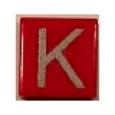 red tile 1 x 1 with silver capital letter k pattern