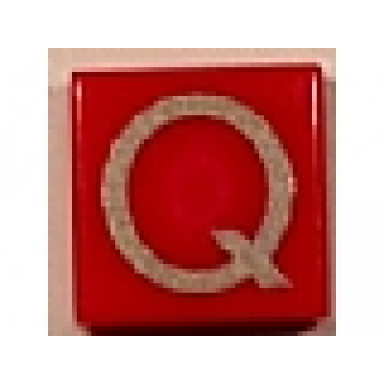 red tile 1 x 1 with silver capital letter q pattern - larger font and parallelogram line