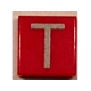 red tile 1 x 1 with silver capital letter t pattern