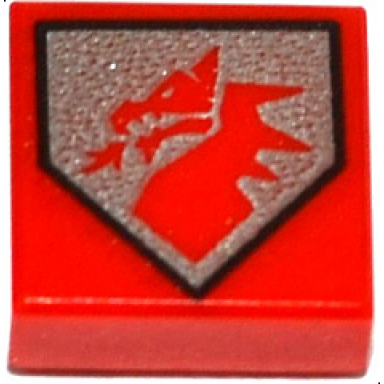 red tile 1 x 1 with red dragon head on silver pentagonal shield pattern