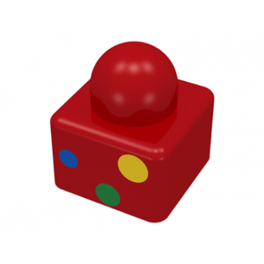 red primo brick 1 x 1 with 3 spots yellow green and blue pattern