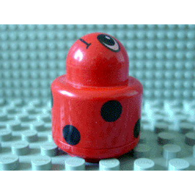 red primo brick round rattle 1 x 1 with black spots and ladybug face pattern