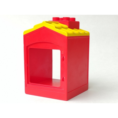 red duplo building with chimney cutout for door window and fixed yellow shingles