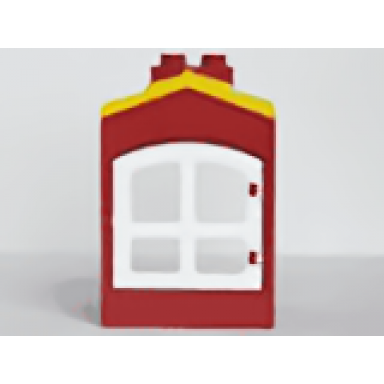 red duplo building with chimney cutout for door window and fixed yellow shingles with white window 31028c01 31022