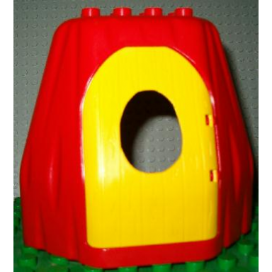 red duplo rock cave with door opening with yellow door