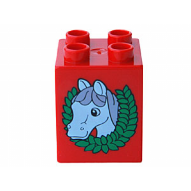 red duplo brick 2 x 2 x 2 with horse head and wreath pattern