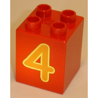 red duplo brick 2 x 2 x 2 with number 4 orange pattern